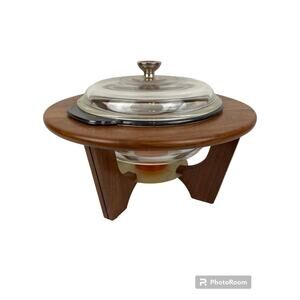 Vintage MCM Walnut Buffet Style Server Warming with Fire King Casserole Dish EUC